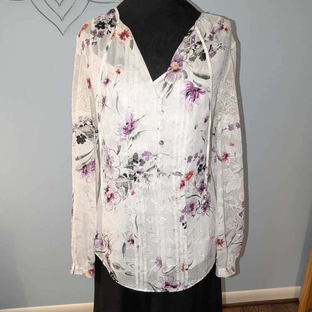 WHBM Floral Mixed Lace Long Sleeve Blouse (6)